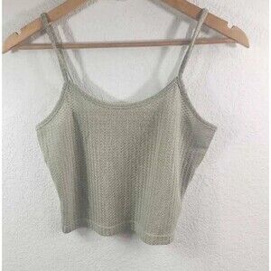 Cropped Tank Top Womens Green Spaghetti Strap Scoop Neck Waffle Pullover M